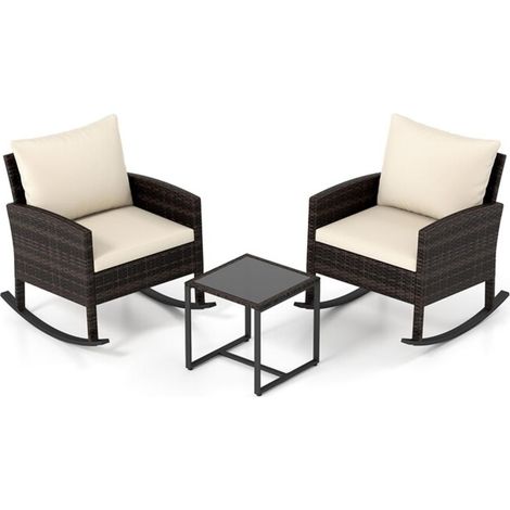Détente sur balcon et terrasse avec salon de jardin en rotin PE, fauteuils à bascule, coussins lavables (1/2)