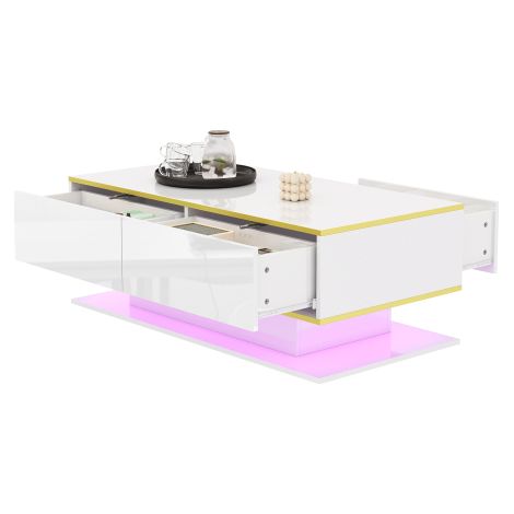 Table basse moderne laquée haute brillance, dotée d'accents dorés, de 3 tiroirs et d'une bande lumineuse LED USB (adaptateur/batterie externe non inclus).