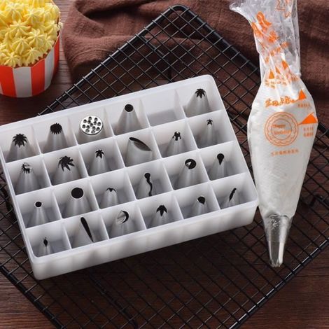 Douille - Poche À Douille - Kit Décoration Gâteaux - 24 Pièces Inox + 100 Pièces Jetables - Boîte De Rangement Incluse - Pour Pâtisserie DIY (1/4)
