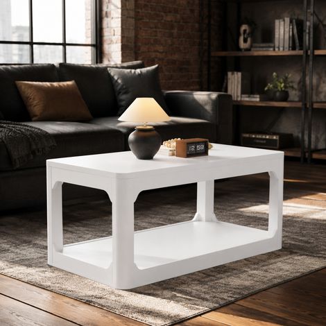 Table basse 100x50x44,5 cm en MDF blanc, avec rangement gain de place pour salon FloraGrace (1/5)