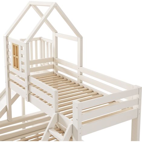 Letto a castello per bambini 90x200/140x200 con scivolo, scala e cassetto, bianco legno (1/5)