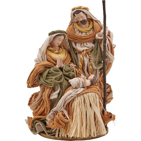 Natività con vestiti in tessuto Verde e Arancio per presepe Natalizio h 36 cm