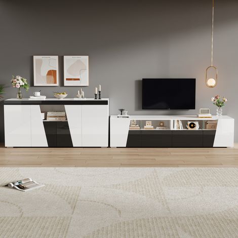 MODFU – Ensemble meuble TV 180 cm + buffet 140 cm – LED Bluetooth – Rangement – Blanc/noir (1/5)