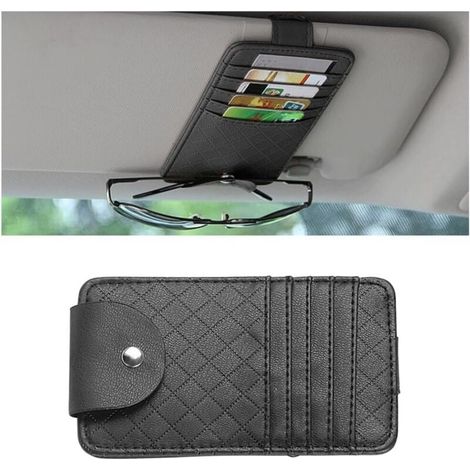 Borsa portaoggetti multifunzionale per auto per occhiali da sole, carte di credito, documenti, penna stilografica, organizer per aletta parasole, porta carte regolabile per aletta parasole (nero) (1/4)
