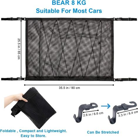 Auto-Aufbewahrungsnetz 90 cm x 65 cm, multifunktionaler Organizer mit Reißverschluss mit 2 Autositzhaken, Aufbewahrungsnetz für Campingautos, Auto-Organizer für SUV, Jeep, Van