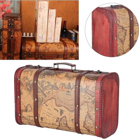 Maletín vintage de madera compuesta con estampado de mapa – Baúl de almacenamiento decorativo y portátil – 37,5 x 23 x 13,5 cm (1/5)