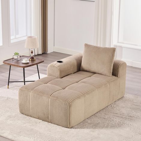 Canapé inclinable confortable en velours côtelé, sans assemblage. Moelleux avec coussins, poche de rangement latérale et porte-gobelet intégré, design soigné et esthétique.