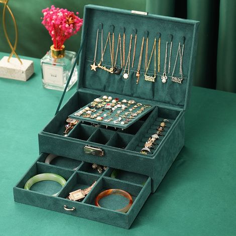 Boîte à bijoux à plusieurs niveaux, grande capacité, en flanelle, style antique (1/5)