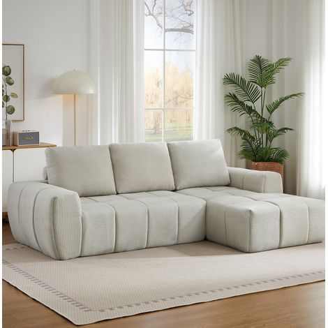 Canapé d'angle en velours côtelé beige, design segmenté capitonné, sans montage (1/5)