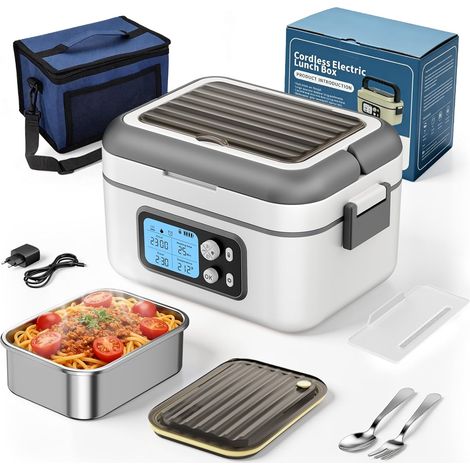 Gamelle Chauffante, 1.5L Intelligente Boîte à Lunch Chauffante avec écran Tactile, 27000mAh Boîte à Lunch Chauffante Sans Fil avec Vaisselle en Acier Inoxydable et Sac Isotherme, Idéale pour le Bureau (1/5)