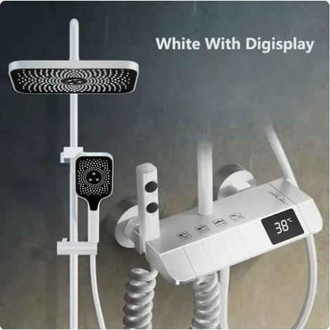 4-Funktionen Badezimmer-Duscharmatur-Set, Digitalanzeige-Duschen, komplett aus Kupfer, für heiße und kalte Duschmischer, Kupferarmaturen mit hoher Entladung - Weiß