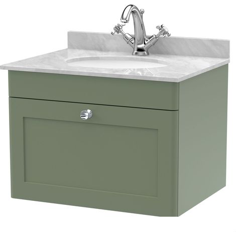 Swynnerton Traditional 1 Drawer Wall Hung Vanity Unit with Marble Basin, Satin Green, 600mm (1/4)