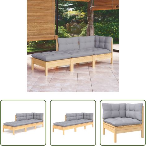 Terrassensofa - 3-tlg. Garten-Lounge-Set mit Grauen Kissen Kiefer Massivholz (1/5)
