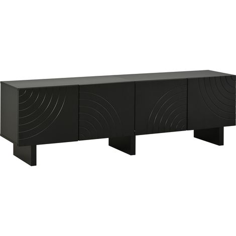 Meuble TV Noir 180×40×55cm – 4 Portes Texturées, Pour Écrans Jusqu'à 75 Pouces, Charge 30kg, Panneau de Particules