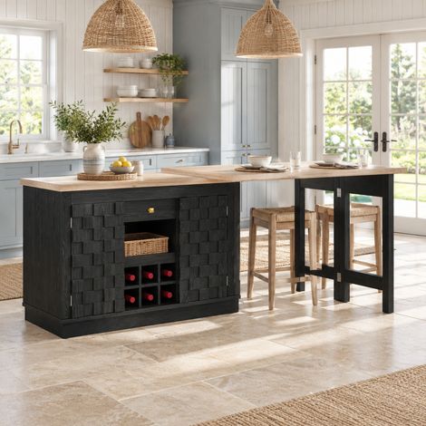 Mobile cucina girevole 120–197 cm con ante patchwork, portabottiglie removibile, nero DESVIAE (1/5)