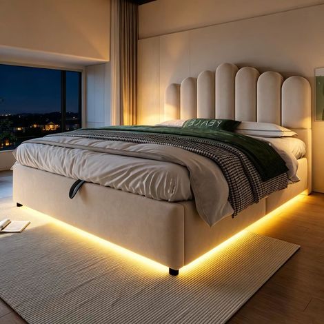 Lit coffre rembourré en velours 140x200 cm, lit double avec rangement hydraulique, LED, tête de lit volumineuse et sommier à lattes, Beige (1/5)