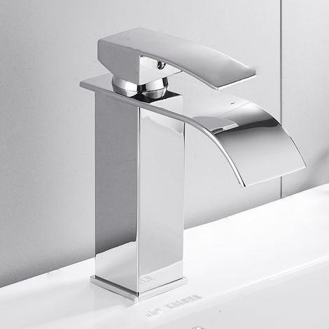 Moderne Robinet Salle de Bain Cascade, Design Elégant Robinet Lavabo, Mitigeur en Laiton, Eau Chaude et Froide Disponible, Robinetterie Chromé G 3/8, Mitigeur Lavabo sans Tirette de Vidage