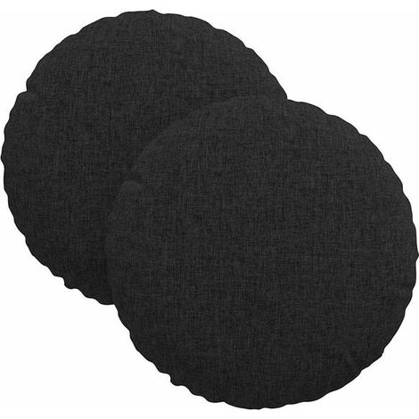 Deux coussins d'assise, noirs, 30 cm de diamètre, 13 cm de hauteur, en tissu. (1/5)