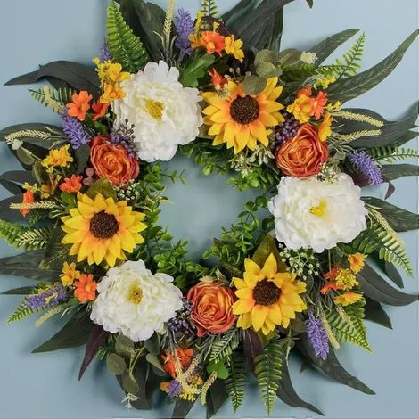 DécorationCouronne de fleurs artificielles multicolores (pivoines, tournesols et eucalyptus), 55 cm, pour porte. (1/5)