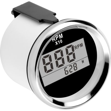 Drehzahlmesser 0–9990 U/min, IP67 wasserdicht, rote Hintergrundbeleuchtung, 52 mm/2 Zoll LCD-Display, 9–32 V, schwarzes Zifferblatt, silberne Abdeckung (1/5)