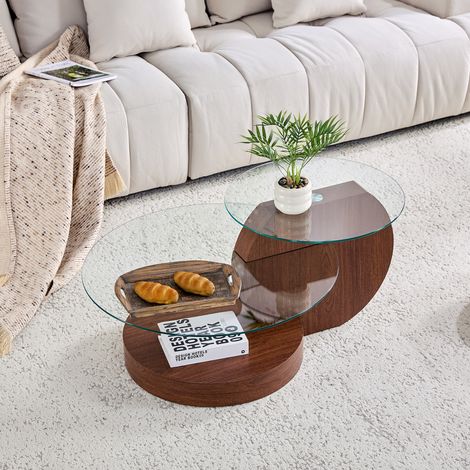 Table basse minimaliste verre sécurité 2 couches,support MDF aspect noyer. Design moderne,plusieurs coloris au choix.-Mi