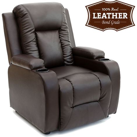 OSCAR LEATHER RECLINER w DRINK HOLDERS ARMCHAIR SOFA CHAIR RECLINING CINEMA BROWN