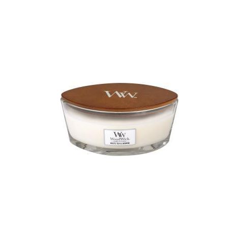 Vela aromática Woodwick Hearthwick de té blanco y jazmín con mecha de madera. (1/2)