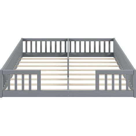 Lit enfant double 90 x 200 cm avec barrières et sommier à lattes, pin et MDF, gris (1/5)