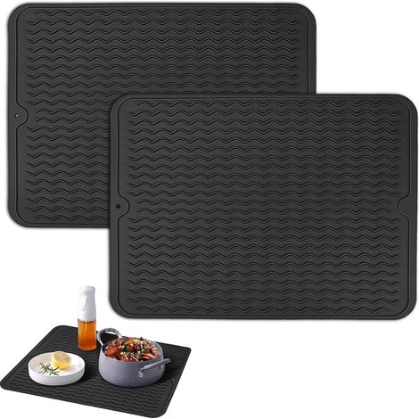 CCYKXA  Silikon-Abtropfmatten für Geschirr, 40 x 30 cm, rutschfeste Abtropfmatten, Küchenabtropfmatten, Spülbecken-Organizer-Matten (Schwarz) (1/5)