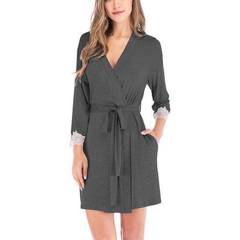 Robe De Bain - Manches 3/4 - Col En V - Ceinture - Poche - Polyester - Gris Foncé - Taille M (1/4)