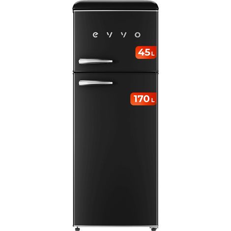 EVVO Frigorífico 2 puertas F45 Retro Negro, refrigerador 170 litros, congelador 45 litros, diseño vintage, cajón Crisper Zone, libre de gas CFC, silencioso