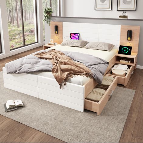 letto matrimoniale 140x200 con USB cassetti bicolore OKMYHOME (1/5)