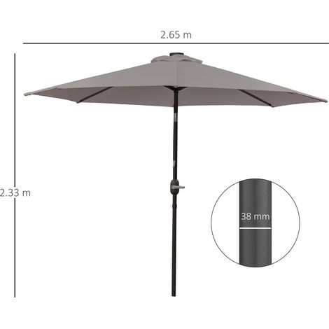 Parasol de jardin inclinable, 265 cm de diamètre, avec 32 lumières LED solaires et manivelle, gris. (1/5)
