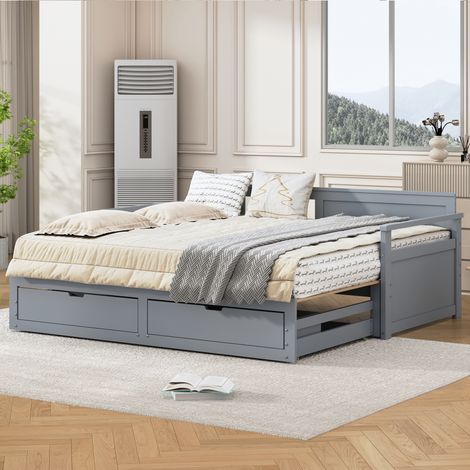 Lit superposé 2 en 1 90x190 cm gris pin, mezzanine avec tiroirs escamotable
