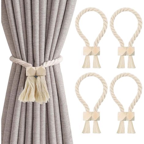 Lot de 4 Embrasses de Rideaux Magnétiques, Tissé à La Main Attaches Rideau en Coton, Supports de Rideaux en Bois bohème Rideaux, Attaches de Rideaux pour Rideau Intérieur et Extérieur (Beige) (1/5)