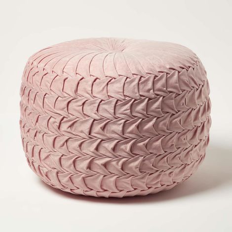 HOMESCAPES Grace Pleated Velvet Pink Pouffe