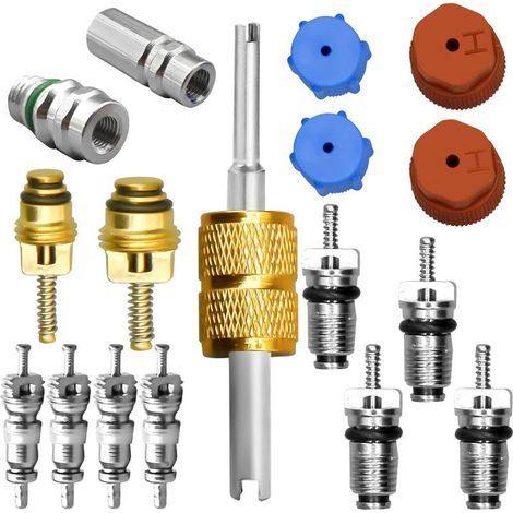 Kit de noyau de valve de climatisation, y compris système de réfrigération A/C R12 et R134a noyau de valve AC Service Port bouchon d'étanchéité outil de retrait de noyau de valve A/C vannes de service (1/5)