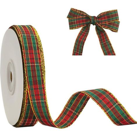 Ecleanfy - Ruban de Noël Luxueux 15mm - Motif Carreaux Rouge et Vert à Bord Doré - 50 Yards pour Cadeaux et Décoration Festive