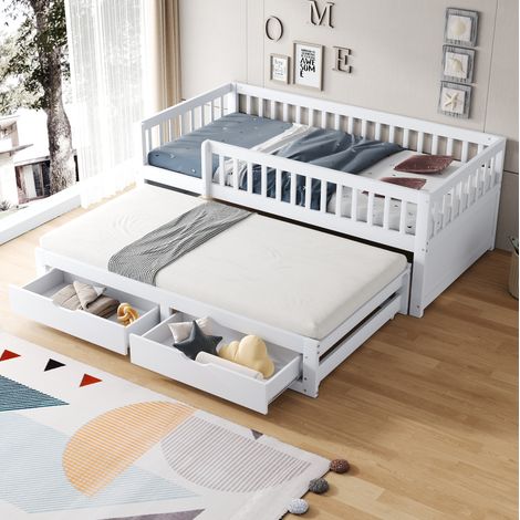 lit chambre adulte gigogne rangement 90x200 bois blanc OKMYHOME (1/5)