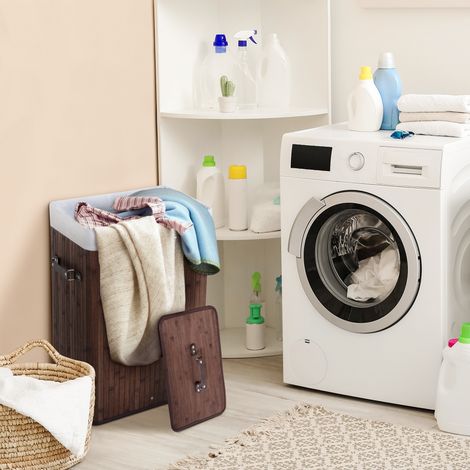 Cesto de ropa estrecho con tapa, cesto de ropa de 72 litros con asa, bolsa de ropa extraíble, caja de ropa para lavandería, dormitorio, baño, marrón oscuro