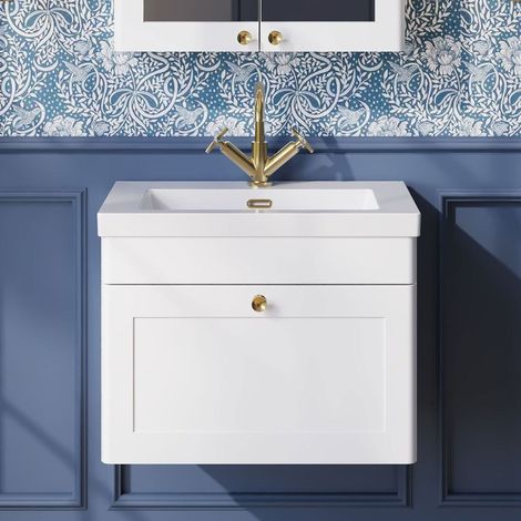 Nuie Classique Wall Hung 1-Drawer Vanity Unit with 1TH Contemporary Basin 600mm Wide - Satin White (1/5)