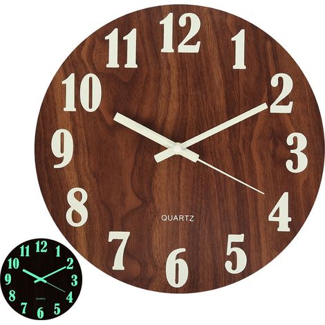 Horloge Murale Bois - 30 Cm - Chiffres et Aiguilles Luminophores - Fonctionnement Silencieux - Alimentation Pile AA - 1 Pièce (1/5)