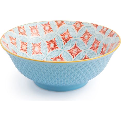 Mikasa blue mosaic stoneware ramen bowl, patterned 1l japanese noodle bowl for dining, multi-purpose deep serving dish, 21cm