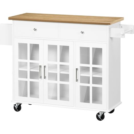 Desserte de cuisine à roulettes, îlot de cuisine avec 2 tiroirs, 3 portes en verre trempé, porte-serviettes, 124,5 x 39,5 x 90 cm, blanc (1/5)