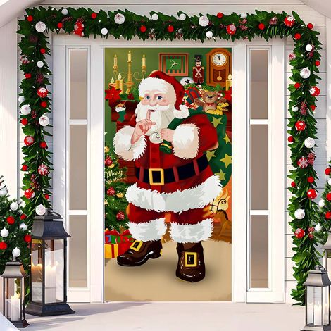 Rideau de porte de Noël 2026, bannière extérieure avec fond photo Père Noël et chien, tissu à suspendre - 90 x 180 cm (œillets + ruban) - 48
