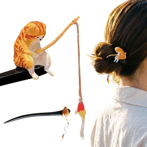 Bâtons À Épingles À En Bois Motif Chat Pêcheur Bâton Style Chinois Pour Cheveux Pour Femmes Filles Adolescentes Étiquette Art Du Thé Affichage Coiffures Voyage (1/5)