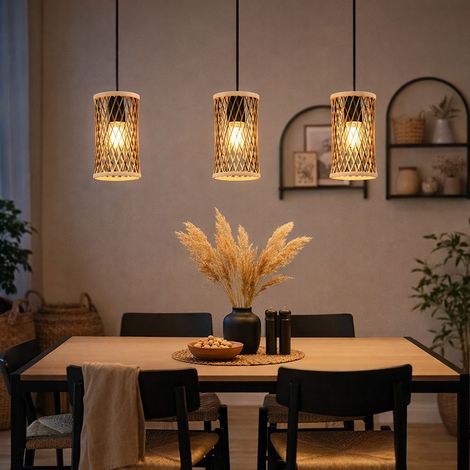 LED Hängeleuchte Bambus schwarz Pendelleuchte 3-Flammig Esszimmerleuchte Bambusgeflecht braun, Metall, 3x 4W 320Lm warmweiß, LxBxH 72x12x150 cm