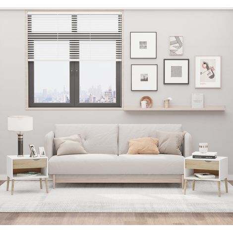 Set di 2 Comodini Moderni con Cassetto e Mensola, Base Rialzata e Gambe in Legno, 50x39x51cm, Bianco e Rovere (1/5)