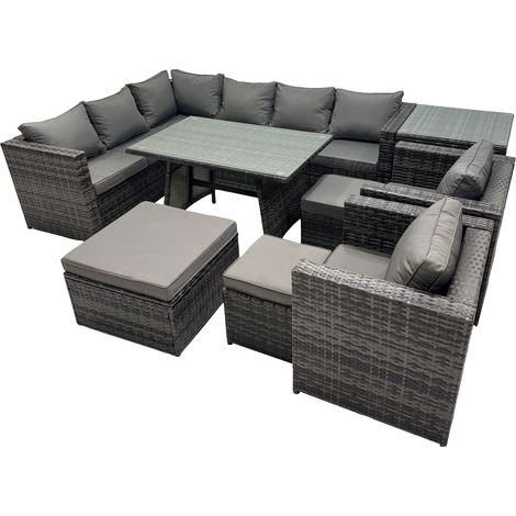 Fimous 11-seater Outdoor PE Rattan Sofa Set with Dining Table Patio Garden Furniture Sets with 2 Chair 3 Stools Side Table Dark Grey Mixed (1/5)