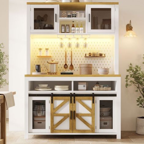 Buffet éclairage LED rangement multifonctionnel large plan de travail prise USB meuble haut finition blanche (1/5)